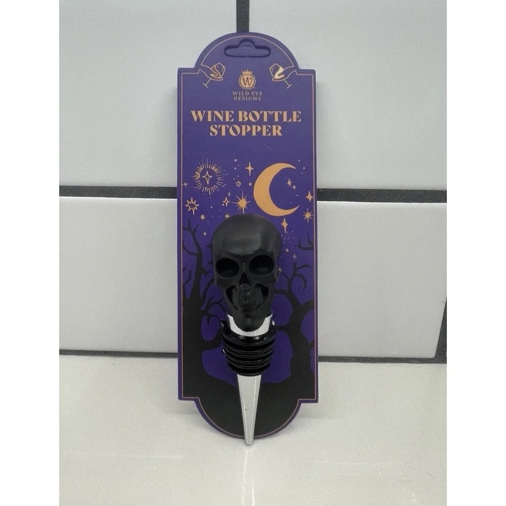 NEW!! WILD EYE DESIGNS Black Skull Wine Bottle Stopper Halloween